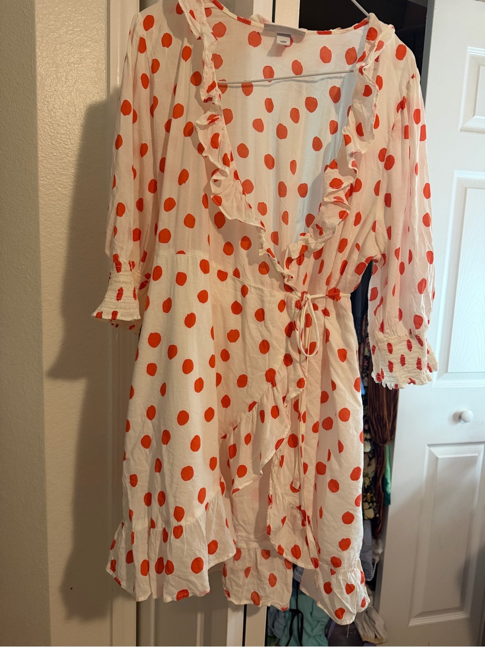 RIXO White Mini Wrap Dress with Orange Polka Dots